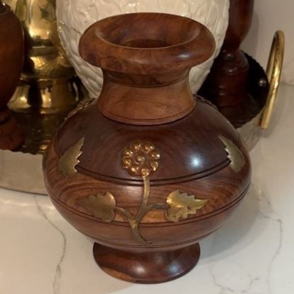Vintage Handcrafted Wood and Brass Inlay Floral Vase
